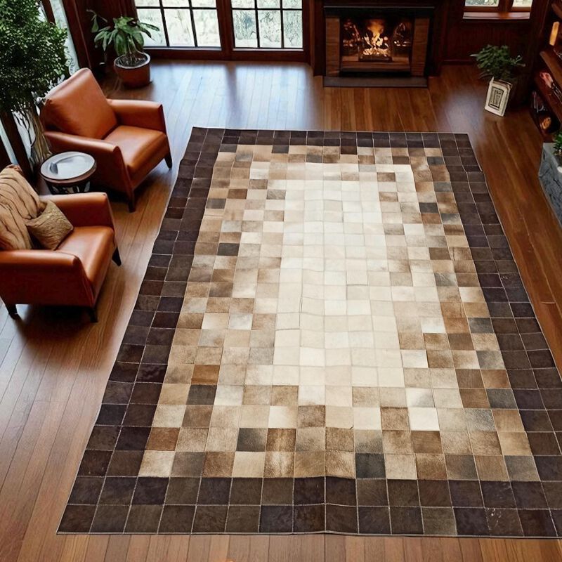 Ombre Cowhide Rug, Brown and Beige Leather Patchwork Carpet, Modern Handmade Leather Rug, Custom Size Available image number 3