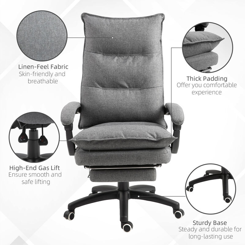 Vinsetto 360° Swivel Executive Home Office Chair Adjustable Height Linen Style Fabric Recliner with Retractable Footrest and Double Padding, Grey