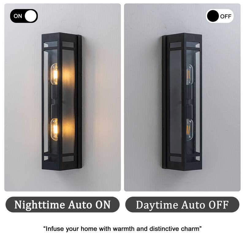 2-Light H20" Modern Black Outdoor Wall Light with Dusk-to-Dawn Sensor and Clear Tempered Glass Weather-Resistant Front Door Garage Exterior Lighting Fixture image number 6