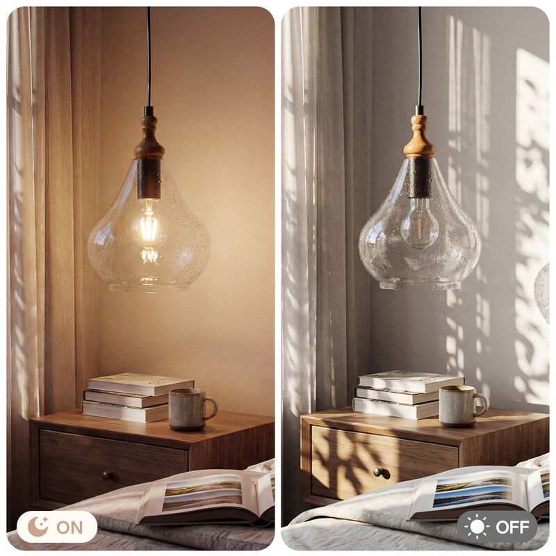 Farmhouse Seeded Glass Teardrop Pendant Lights, Wood Accent, Set of Three image number 6