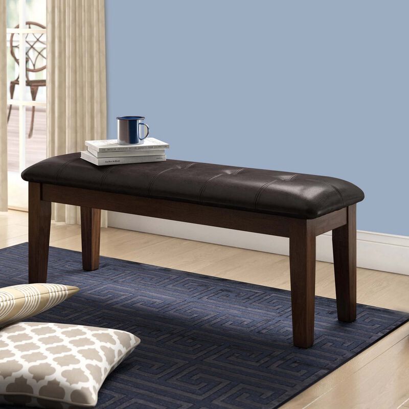 Button Tufted Faux Leather Upholstered Wooden Bench, Espresso Brown - Benzara