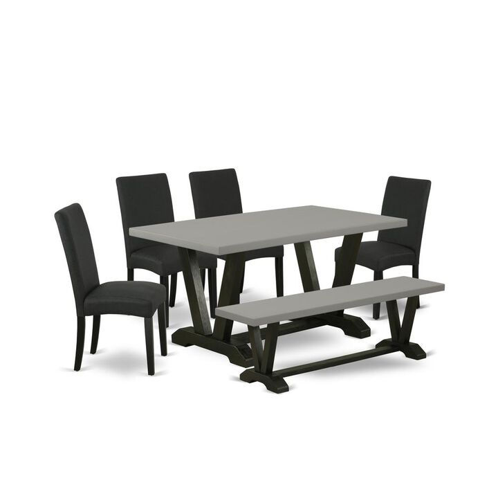 East West Furniture 6-Pc Modern Dining Set- 4 Dining Padded Chairs with Black Linen Fabric Seat and Stylish Chair Back - Rectangular Top & Wooden Legs Dining Table and Kitchen Bench - Cement and Black