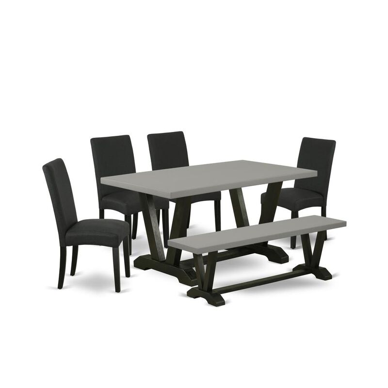 East West Furniture 6-Pc Modern Dining Set- 4 Dining Padded Chairs with Black Linen Fabric Seat and Stylish Chair Back - Rectangular Top & Wooden Legs Dining Table and Kitchen Bench - Cement and Black
