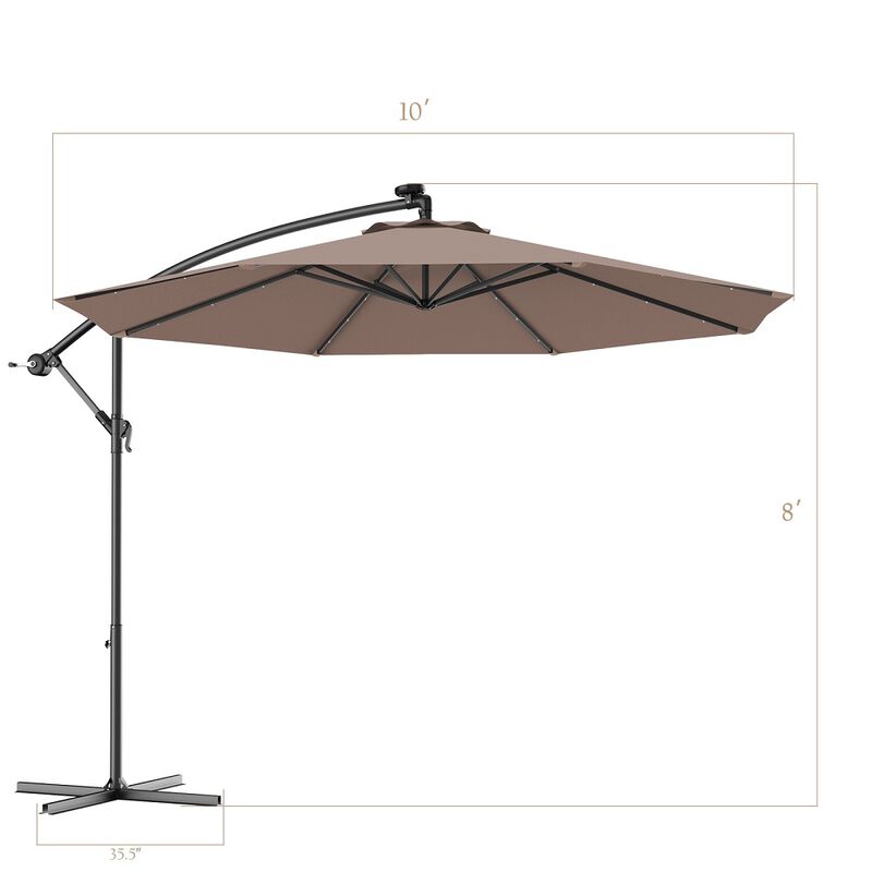 10 Feet Patio Hanging Solar LED Umbrella Sun Shade with Cross Base