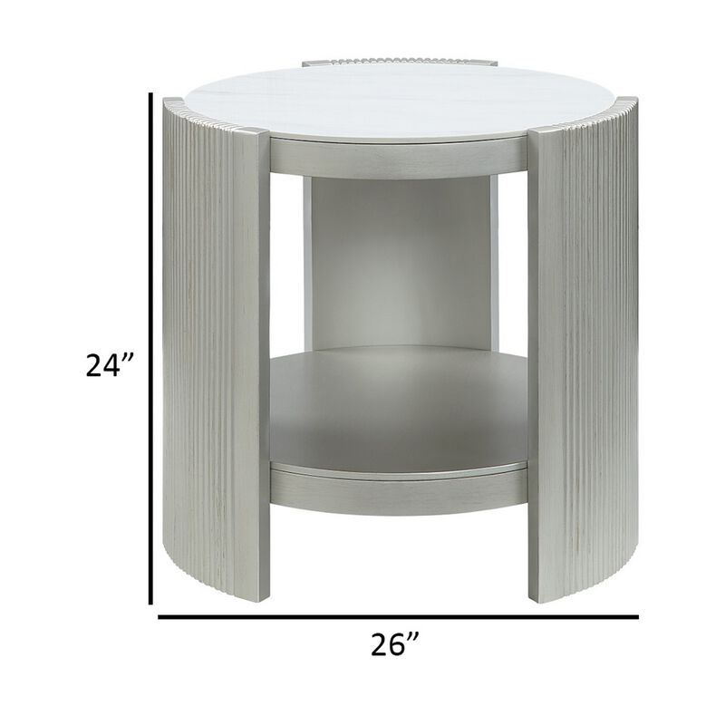 Kyna 26 Inch Side End Table, Modern Sintered Top, 1 Shelf, Round, Champagne Silver - Benzara