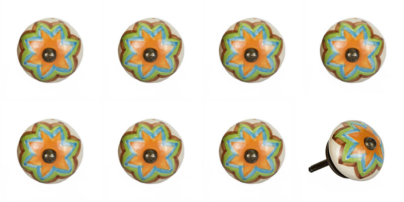 HomeRoots Set of Eight Blue And Orange Ceramic And Metal Drawer Pull Knobs image number 3