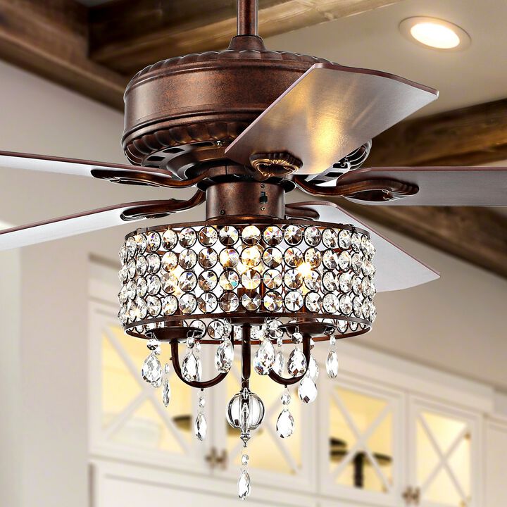 Becky 52" 3-Light Crystal LED Chandelier Fan With Remote, Oil Rubbed Bronze