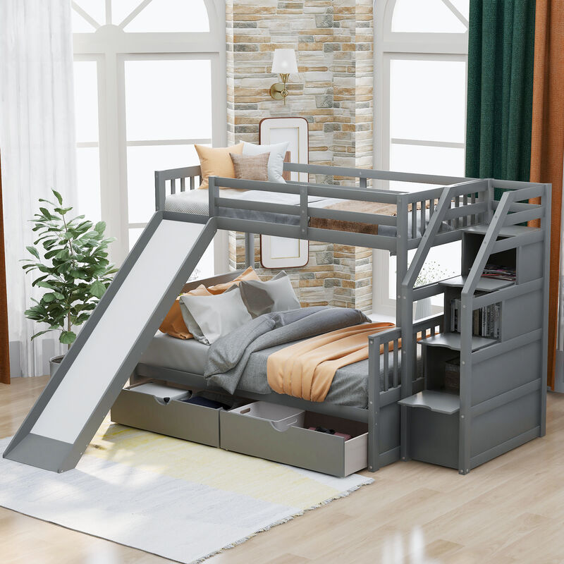 Merax Twin over Full Bunk Bed with Drawers,Storage and Slide