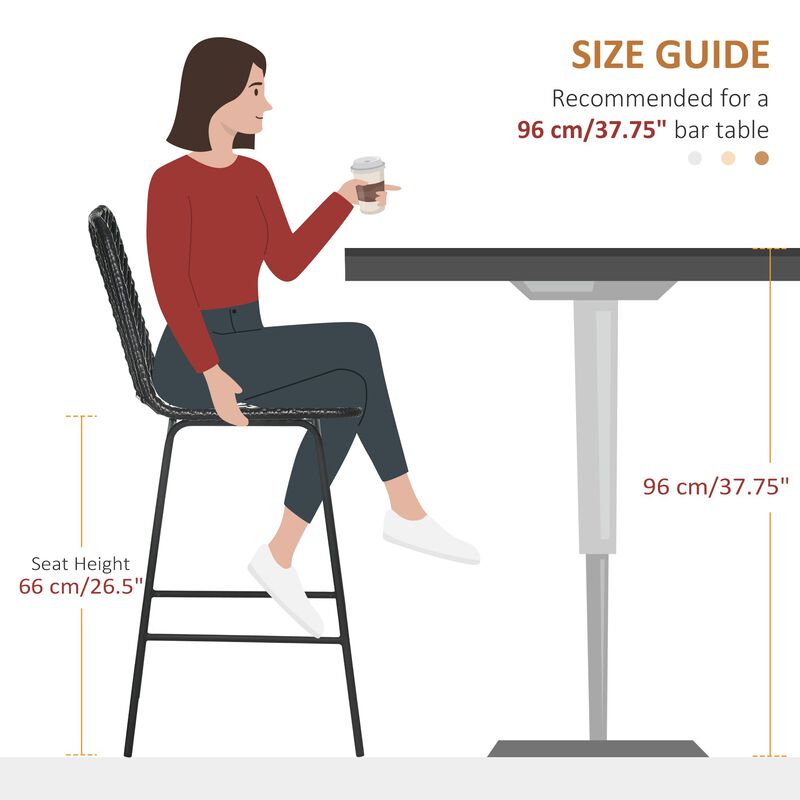 Black Rattan Barstools: Set of 2, Counter Height, Steel Legs