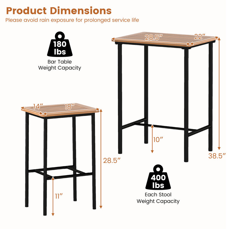 Acacia Wood Outdoor Bar Set 3 Piece with Rectangular Table and Metal Legs-Natural image number 2