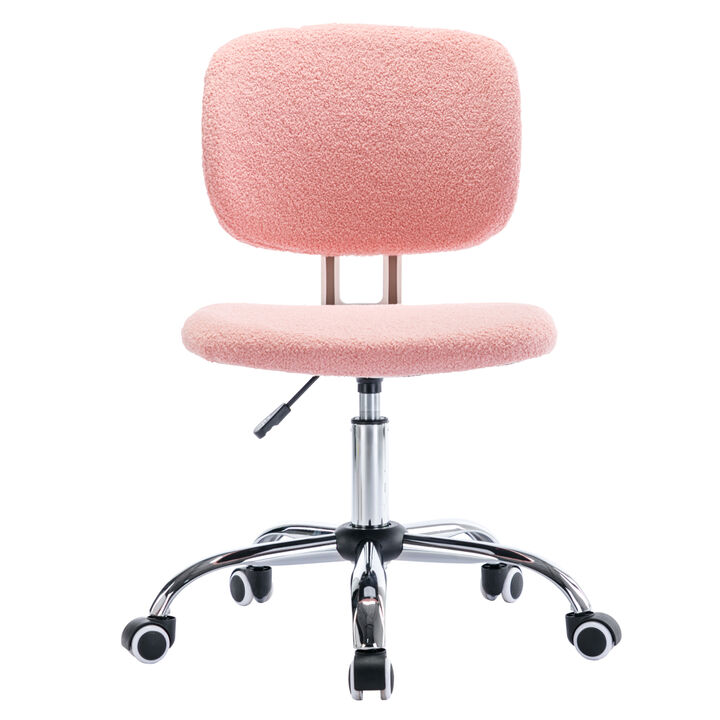 Teddy Velvet Makeup Pink Office Desk Chair Bling Desk, Armless Vanity Desk Task Chair with Wheels 360, Bling Desk Nail Desk for Women, Adjustable Height