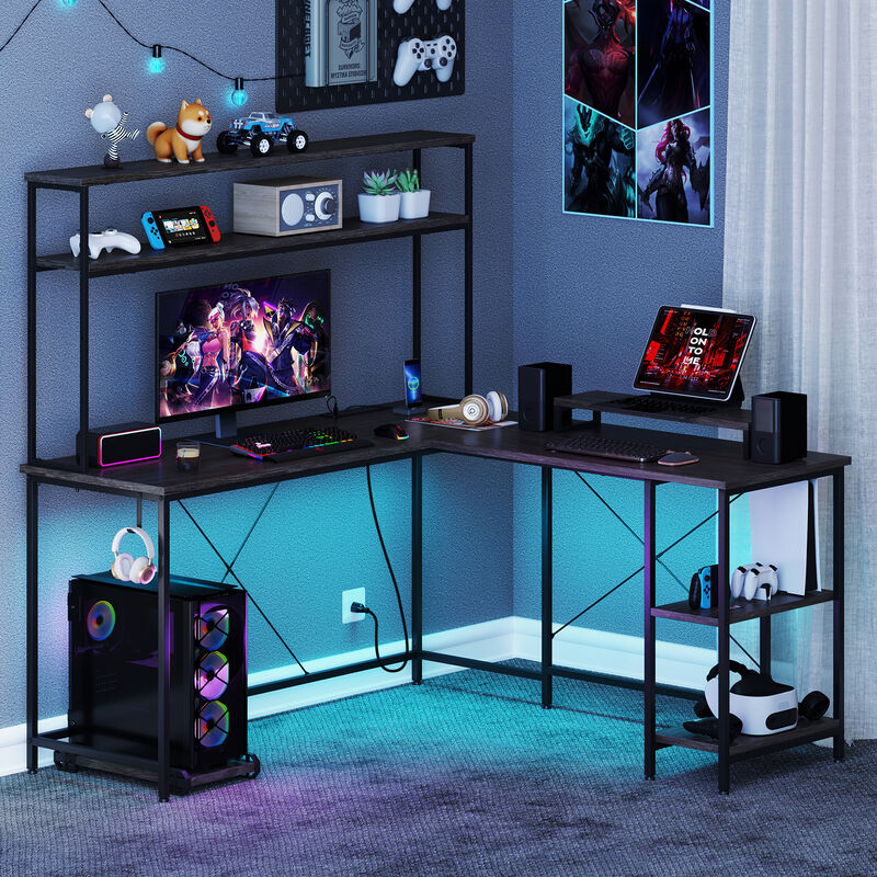 L-Shaped Gaming Desk with LED Strip, Power Outlets, Hutch, and Monitor Stand
