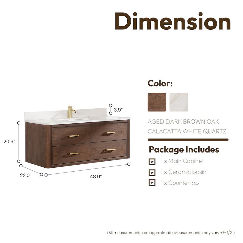 Vinnova Design Cristo 48 Floating Single Bath Vanity in Aged Dark Brown Oak