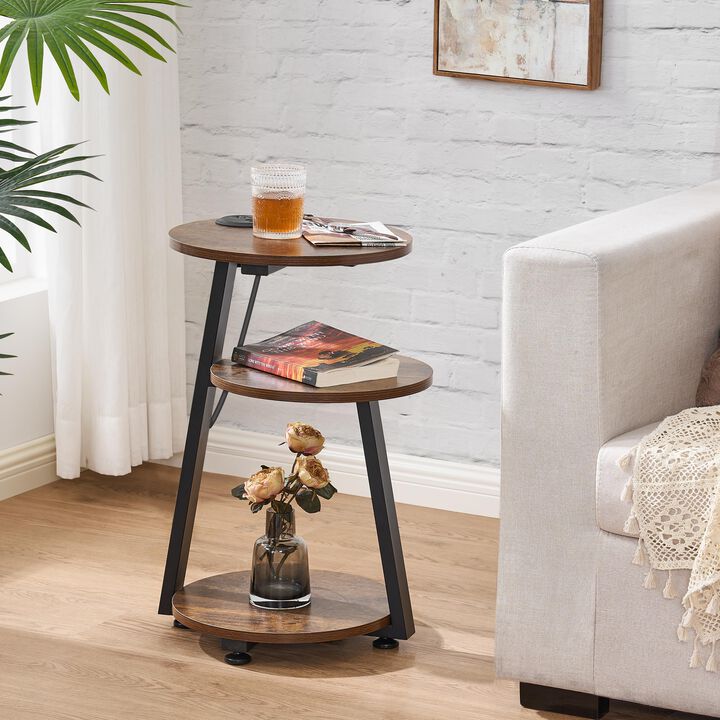 BEWISHOME Round End Table with Charging Station, Accent Side Table Nightstand Bedside Table with 3-Tier Shelves for Living Room