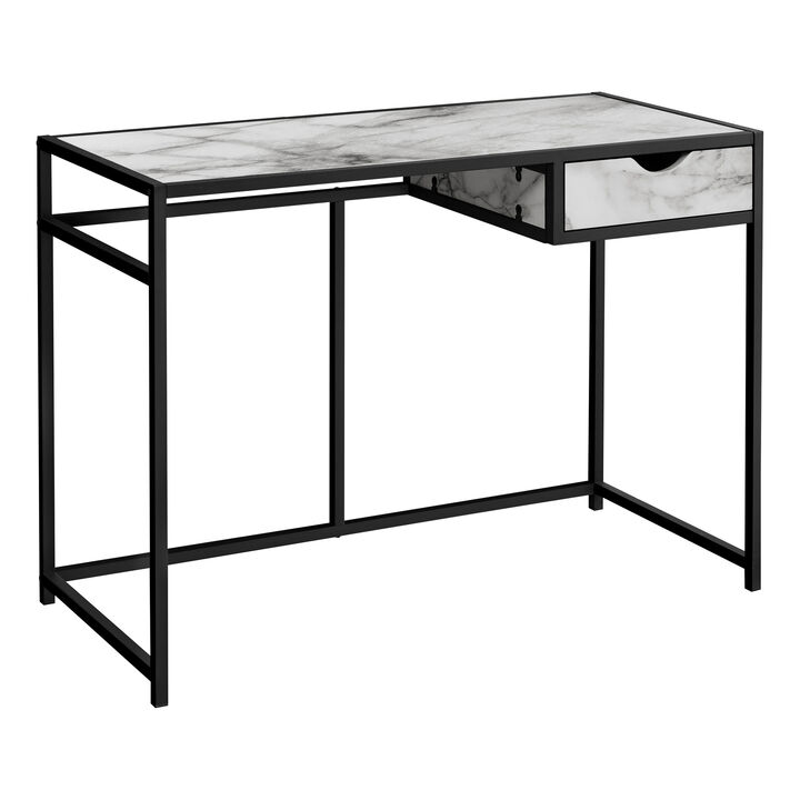 Monarch Specialties I 7571 Computer Desk, Home Office, Laptop, Storage Drawer, 42"L, Work, Metal, Laminate, White Marble Look, Black, Contemporary, Modern