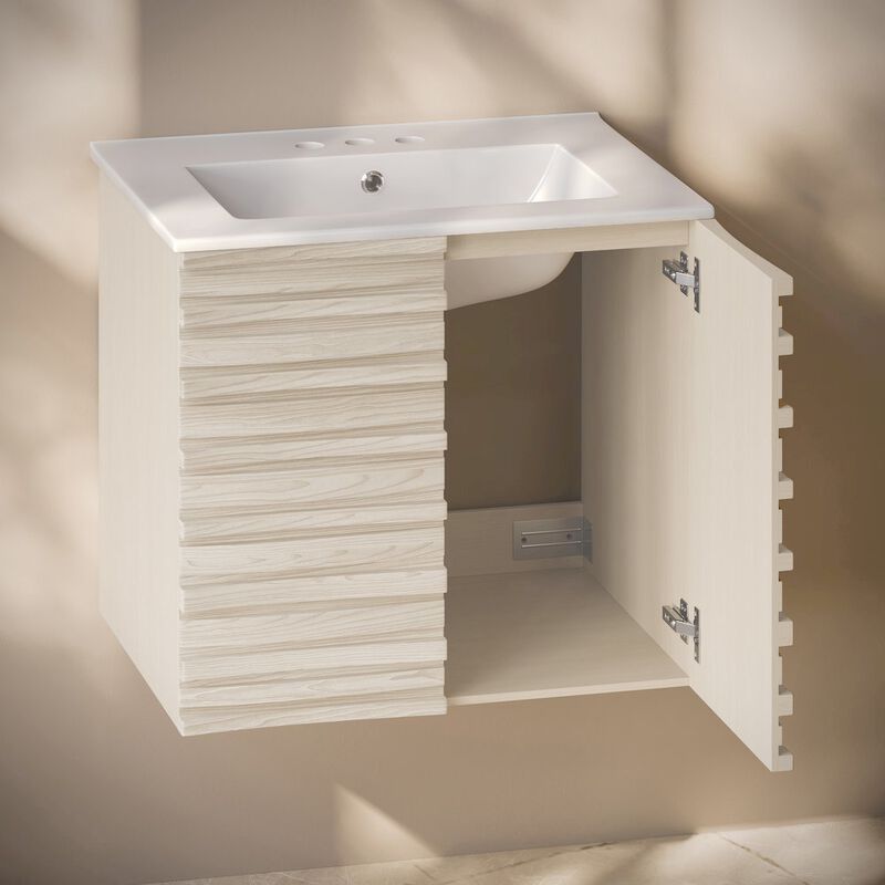 24" Wall-Mounted Bathroom Vanity in White Oak with 3-Hole Centerset Sink Top image number 4