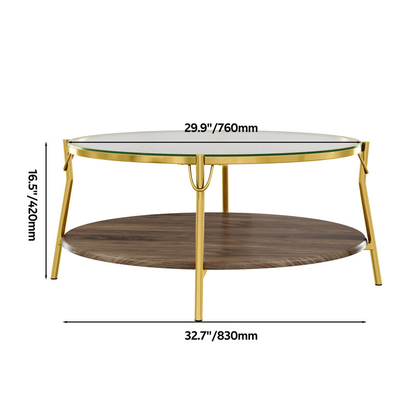 GOODSILO Modern Round Two-Tiered Coffee Table with Glass Top and Gold Metal Base for Contemporary Living Room D&eacute;cor image number 2