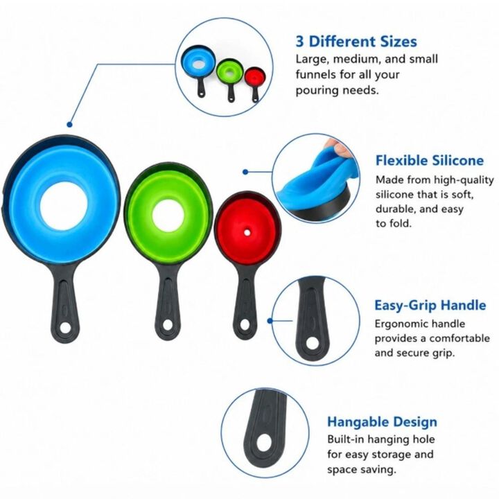 Pack of 3 Collapsible Silicone Kitchen Funnel Set