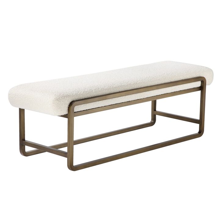 Loer 54 Inch Modern Accent Bench, Ivory Boucle Upholstery, Sled Brass Legs - Benzara