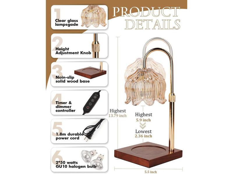 Flower Candle Warmer Lamp with Timer Dimmer Adjustable Height Wax Melt Lamp image number 2