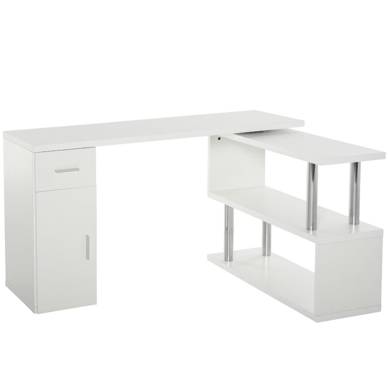 White Corner Workstation: L-Shaped Rotating Desk with Storage