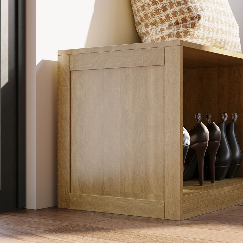 FUFU&GAGA Corner Bench Shoe Cabinet with 4Storage Compartments, P2 MDF, Natural Wood Finish (63" W x 47.2" D x 17.7" H), Light Oak