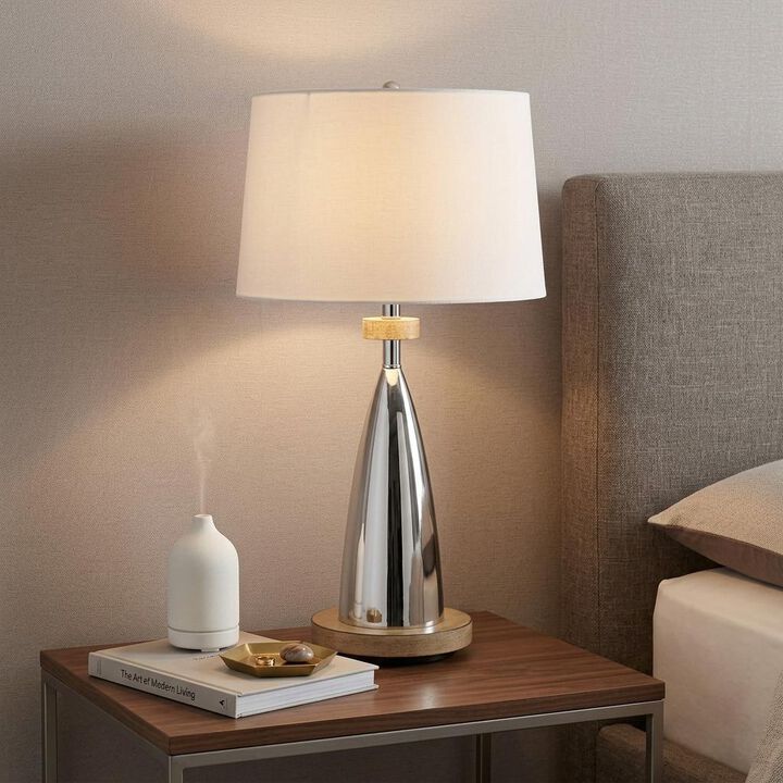 HomeRoots 31" Brown Metal Geometric USB Table Lamp With White Empire Shade