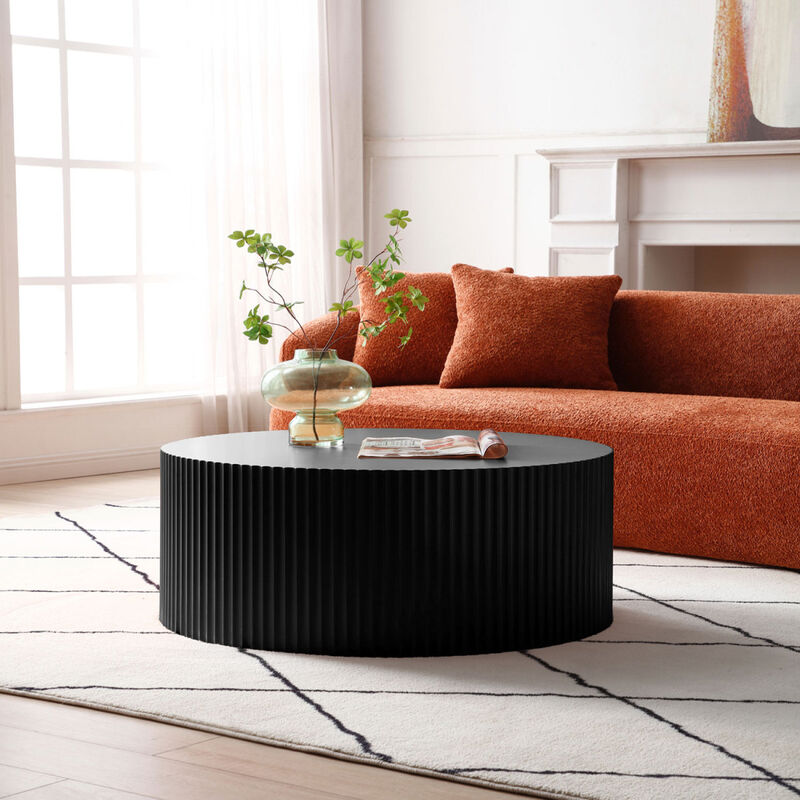 Sleek and Modern Round Coffee Table with Eye-Catching Relief Design, Black