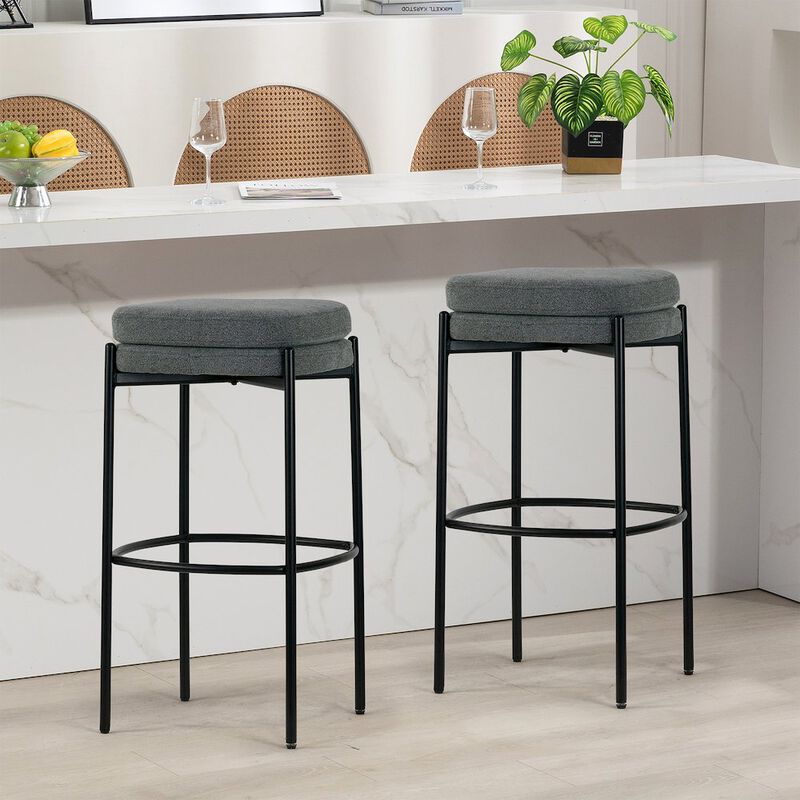 Glamour Home Set of 2 Avril Gray Boucle Backless Bar Stool with Black Metal Legs