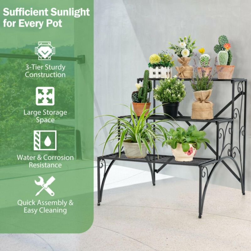 Hivvago 3-Tier Metal Plant Stand with Widened Grid Shelf for Porch Garden-Black