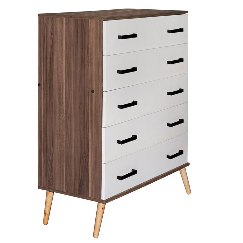Better Home Products Eli Mid-Century Modern 5 Drawer Chest in Walnut & White