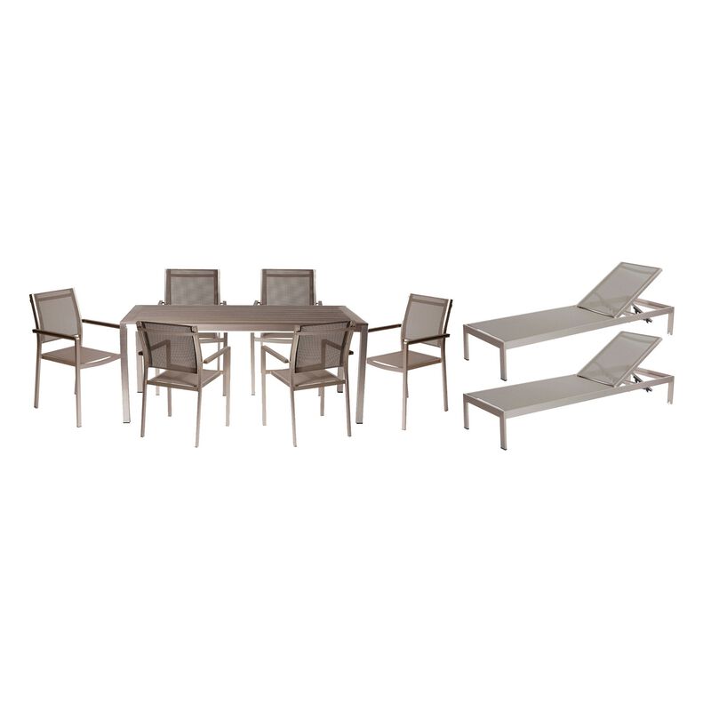Kris 9 Piece Patio Dining and Lounge Set, Gray Textilene Seating, Aluminum - Benzara