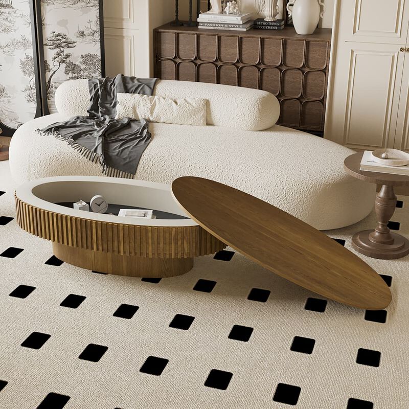 Oval coffee table with storage Solid wood veneer and MDF modern coffee table with fluted base Accent tea coffee table for living room image number 3