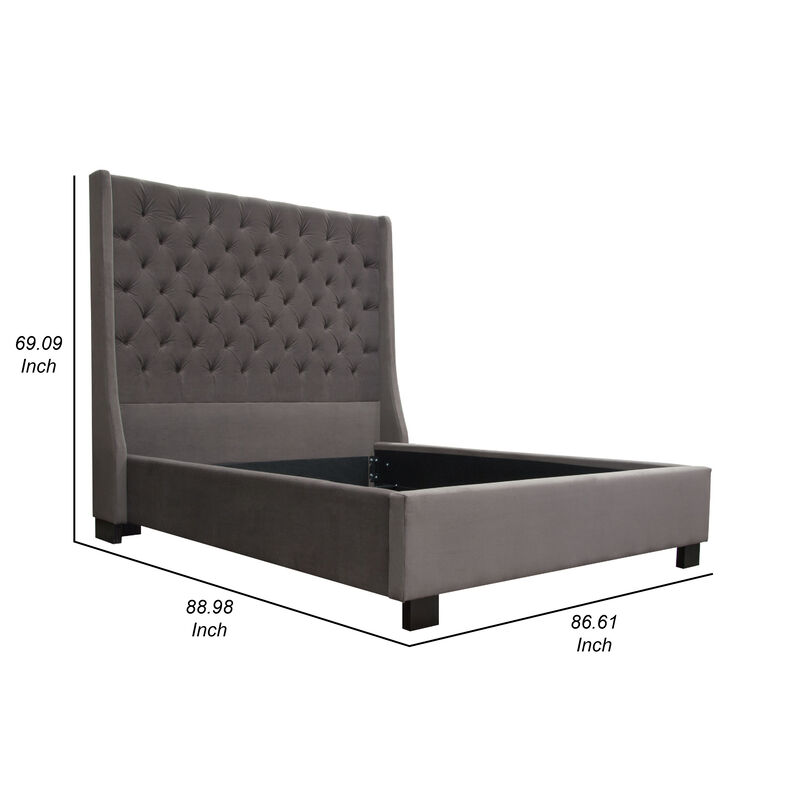 Zoa King Size Bed w Tufted Headboard, Smoke Gray Velvet Upholstery