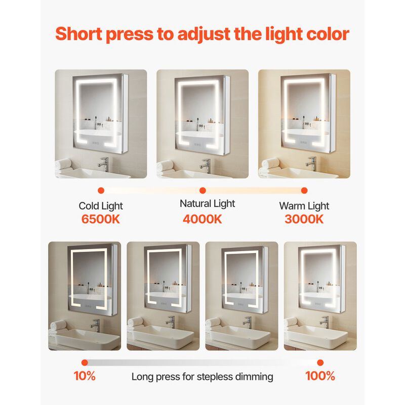 Wall Mount Recessed Medicine Cabinet with 2-Side Mirror and Lighting