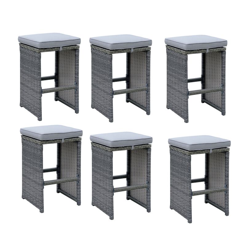 6 Piece Patio Bar Stool In Aluminum Wicker Frame And Padded Fabric Seat, Gray image number 0