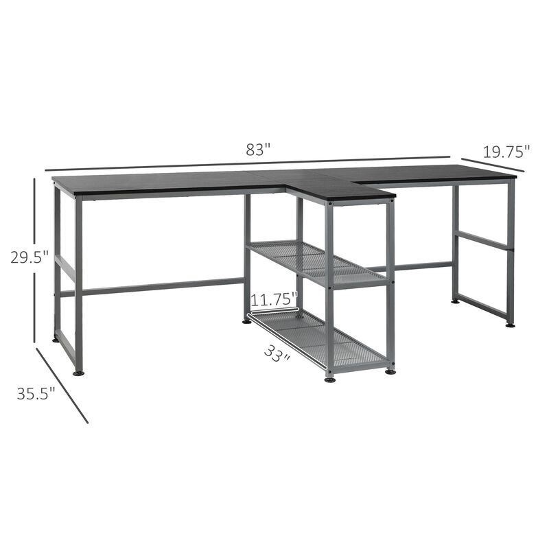 Black Shared Workspace: 83" Two Person Desk with Storage Shelf