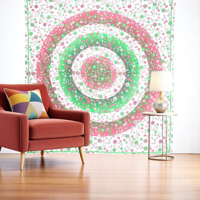 HomeRoots 88" X 84" Green Red And White Floral Cotton Hanging Tapestry image number 1