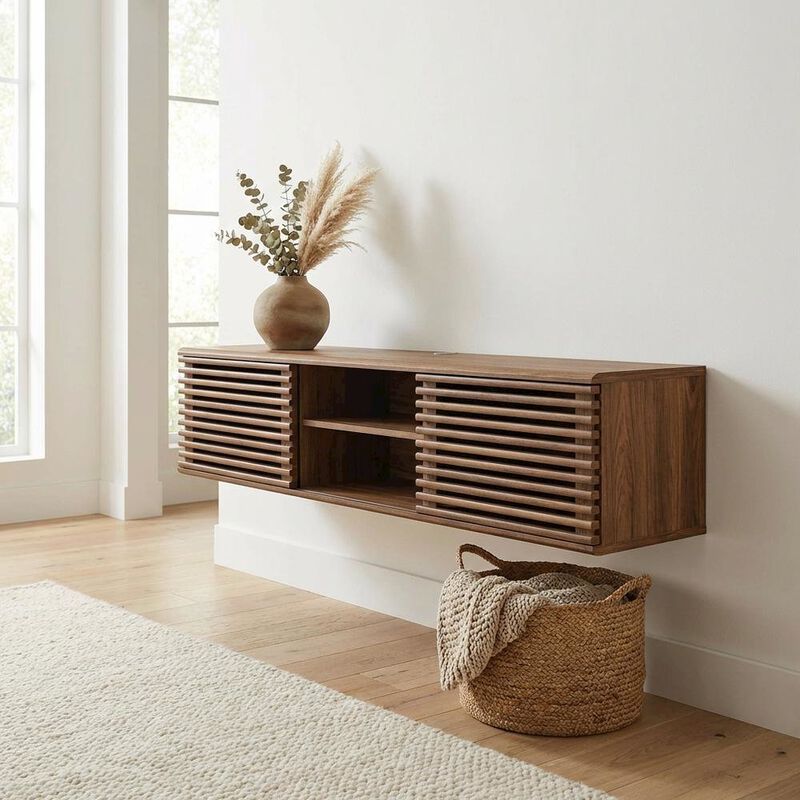 Brown wood wall-mounted media console with sleek design and sturdy construction image number 4
