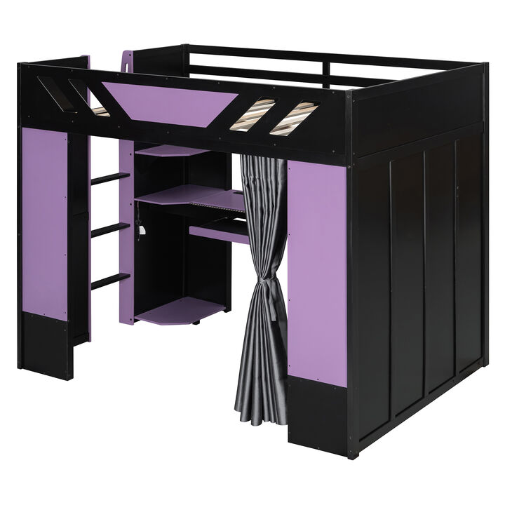 Merax Full Size All-in-One Wood Loft Bed with Workstation & RGB Lights