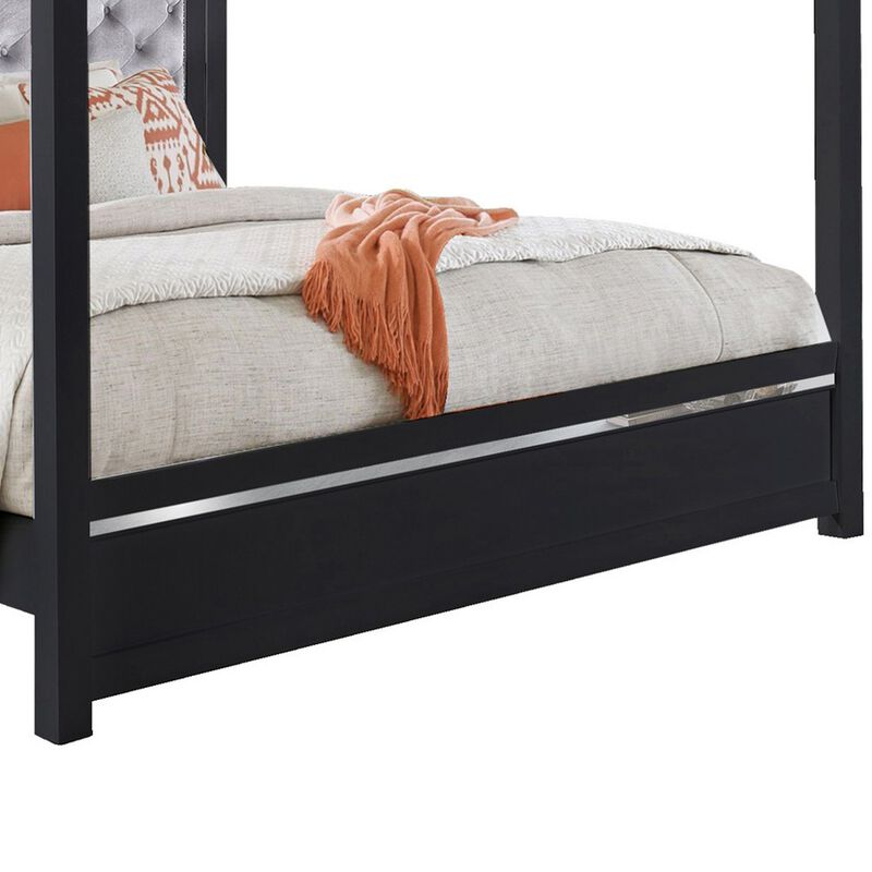Abrie Solid Wood Canopy Queen Bed, Button Tufted, Touch LED, Dark Gray - Benzara