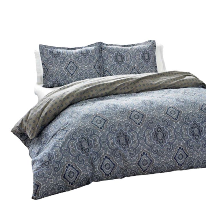 Hivvago King 3-Piece Cotton Comforter Set with Blue Grey Damask Pattern