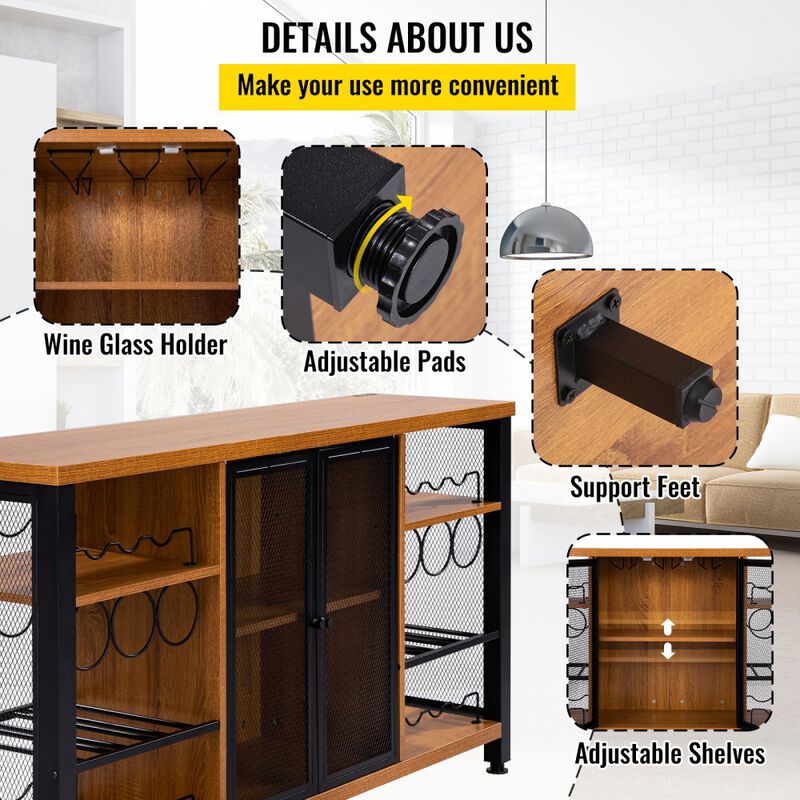 Industrial Bar Cabinet with Wine Rack, Glass Holder and Storage for Dining or Living Room