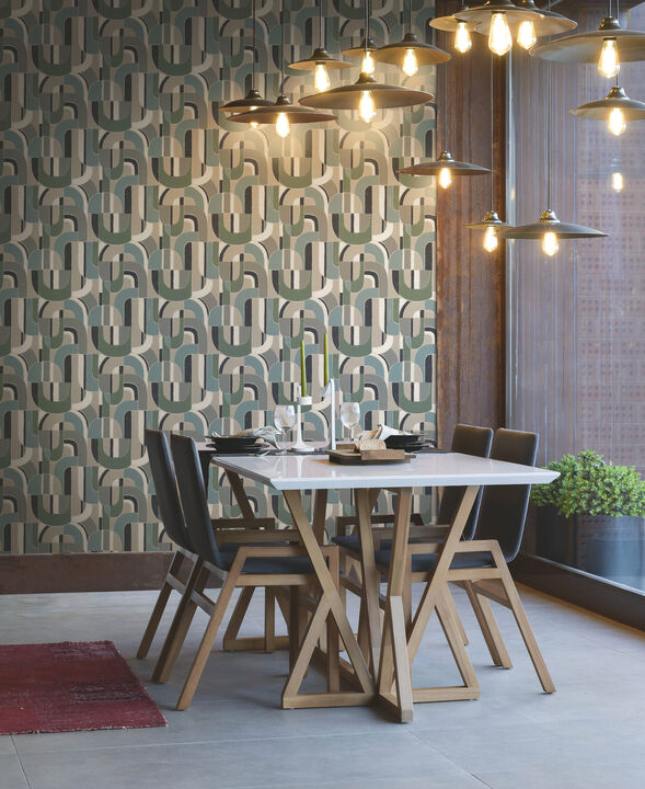 Sculptural Garden Dark Blue & Green Wallpaper