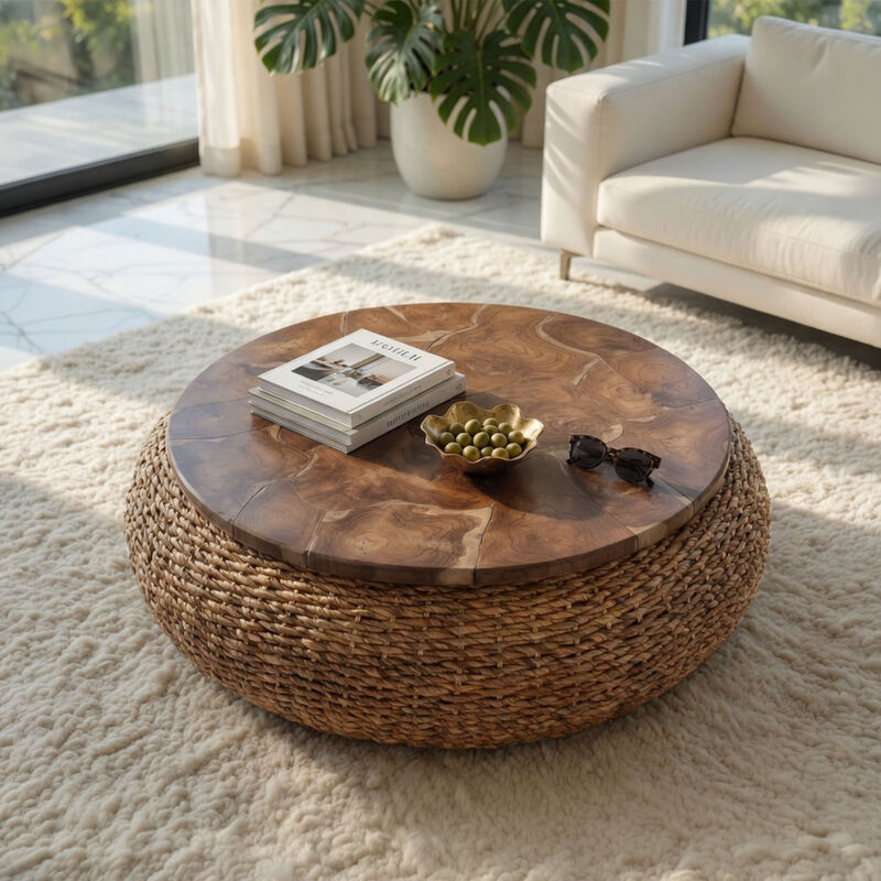 Jyra 47 Inch Round Coffee Table, Teak Wood Mosaic Top, Woven Banana Leaf Base, Natural Brown image number 8