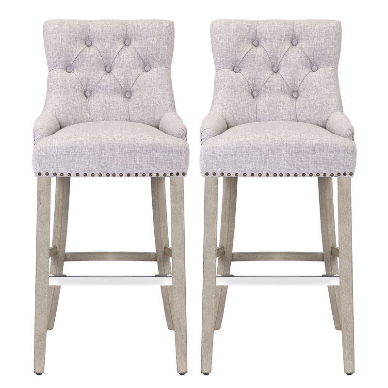 WestinTrends 29" Linen Fabric Tufted Upholstered Bar Stool (Set of 2), Antique Grey