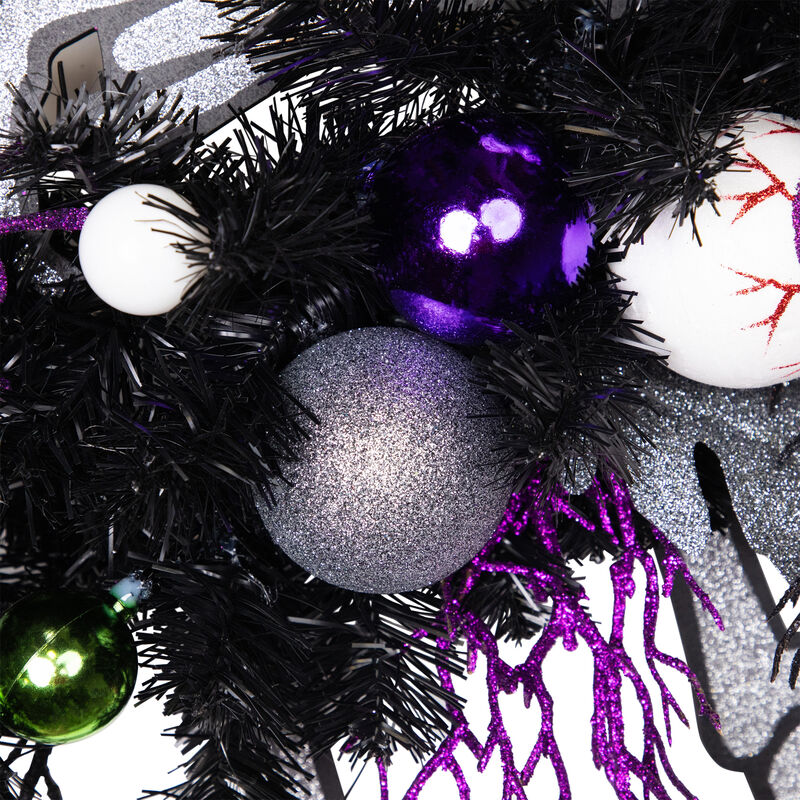Purple and Black Spooky Skeleton Pine Halloween Wreath  24-Inch  Unlit image number 6