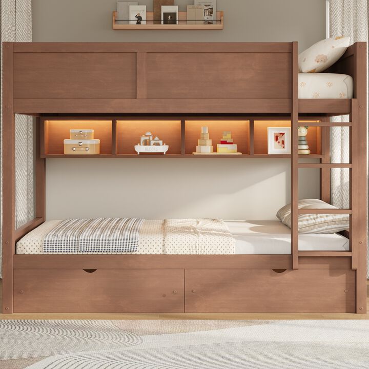 Merax Full XL over Full XL Wooden Bunk Bed with Side Storage Cabinets