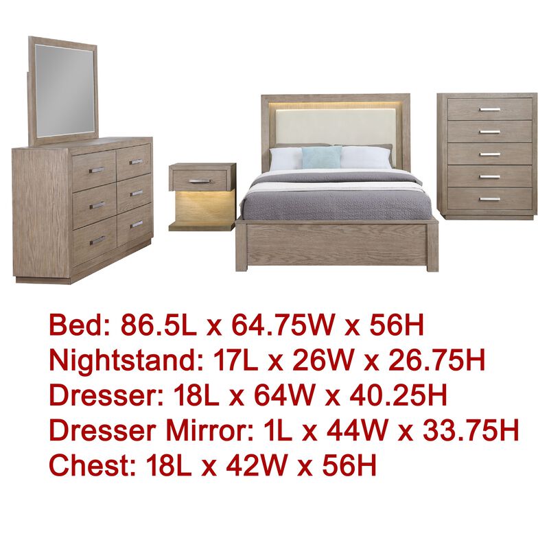 Keno 5pc Queen Bedroom Set, Underbed Storage, LED, Beige Upholstered image number 4