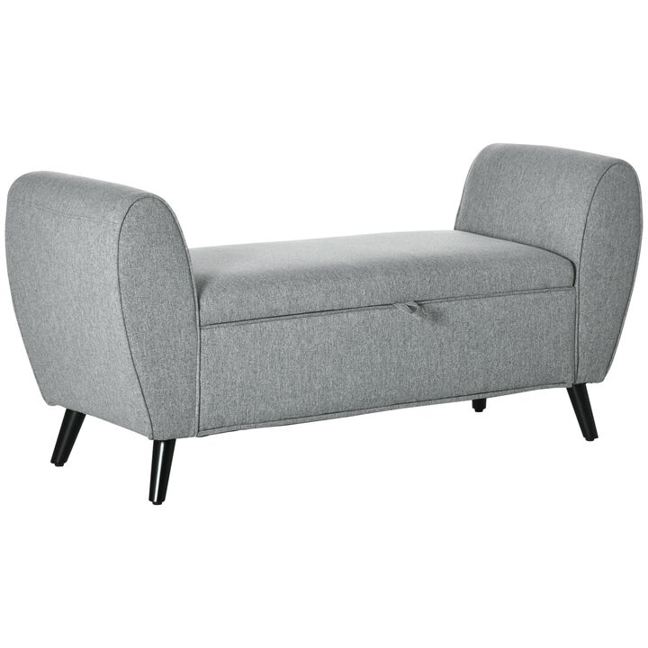 Modern Upholstered Storage Bench with Arms, Linen-Feel Fabric Ottoman Bench for Bedroom, Entryway, and Living Room, Light Grey